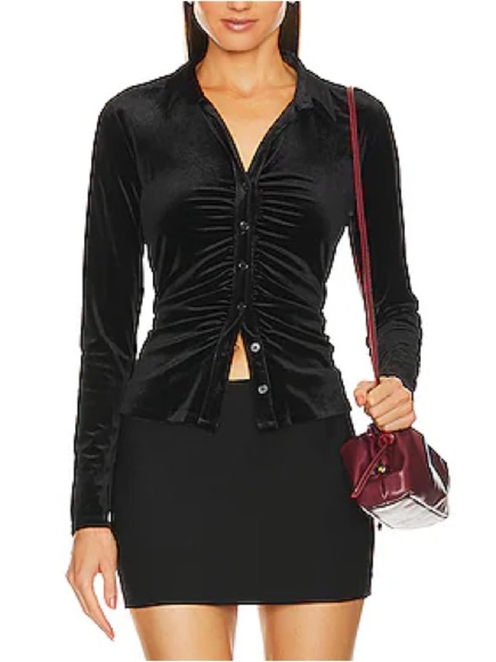 LUXEIRE Long Sleeve Fitted Blouse Black Ruched Front Velvet Button Down Medium